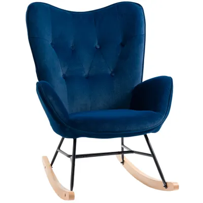 HOMCOM Fotoliu balansoar, rocking chair, fotoliu pentru alăptare confortabil cu structură din lemn masiv și metal pentru Living, Dormitor, Balcon, Catifea albastră | Aosom Romania