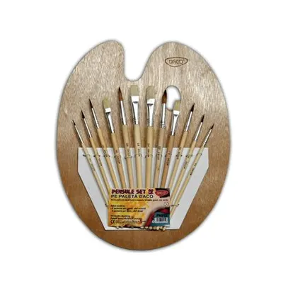Pensula lemn 12buc/set, nr.2,4,6,8,10,12 + paleta, varf rotund si drept, Daco