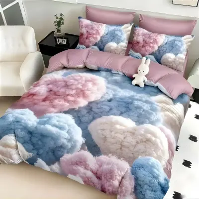 Lenjerie pat dublu, FINET, Imprimeu Digital 5D - Identic cu poza, Cu ELASTIC, 6 piese, Roz, Alb, Bleu, norisori pufosi