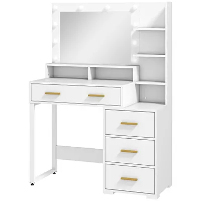 HOMCOM Masă de Machiaj Albă cu Oglindă, 4 Sertare și 6 Rafturi Deschise 100x40x138 cm | Aosom Romania