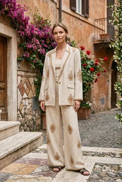 Compleu din in mercerizat bej cu broderie, sacou si pantaloni lejeri, stil elegant natural