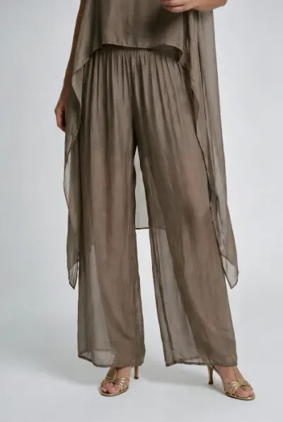 Pantaloni palazzo dama eleganti, largi, din matase si vascoza cu dublura, bej inchis