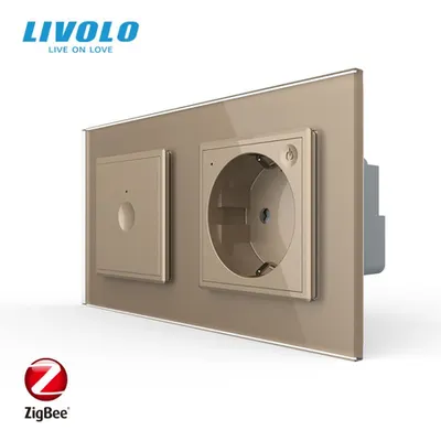 Intrerupator tactil simplu Zigbee + priza Schuko Zigbee, generatia noua, cu rama sticla Auriu