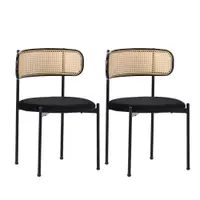 Set de 2 scaune de dining din țesătură cu efect de catifea, cu picioare din metal și spătar din ratan, 60x18x86 cm, Negru