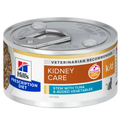 HILL'S Prescription Diet K/D Stew, Ton și Tocană de Legume, dietă veterinară, conservă hrană umedă pisici, sistem renal, (în sos), 82g