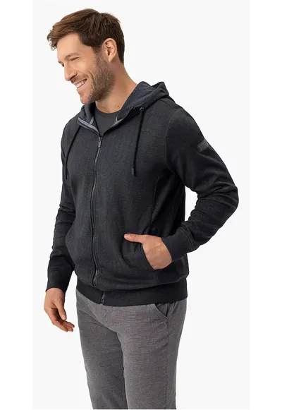Hanorac cu gluga barbati - cu fermoar - buzunare - regular fit - B-Fog - albastru marin melange - Bleumarin