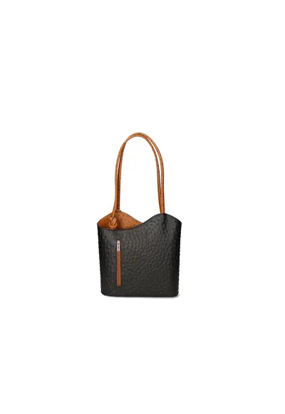 Rucsac de piele cu imprimeu piele de strut - Negru stins/Caramel
