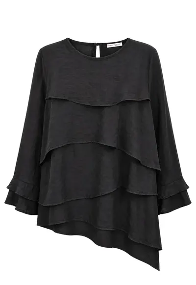 Bluza dama - maneca lunga - guler rotund - volanase - negru - lyocell si poliester