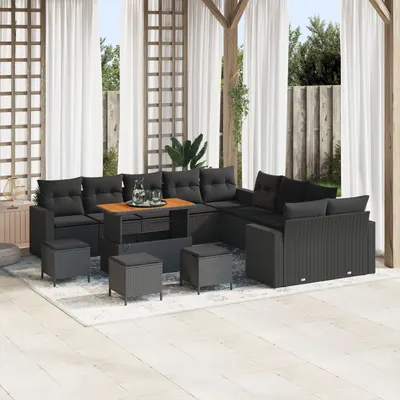 Set de canapea de gradina Gossi 14 piese cu perne negru poliratan acacia, set de dining de gradina Gossi 4 piese cu perne negru poliratan acacia