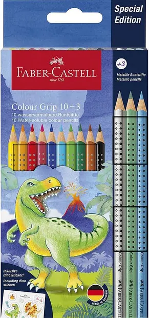 Creioane colorate Faber-Castell Grip 2001 - Dinozaur, 10 + 3 culori