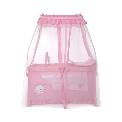 Patut pliabil stil baldachin Magic Sleep Mellow Rose Ballerina Bear cu 2 nivele, usa laterala cu fermoar, roti, accesorii incluse