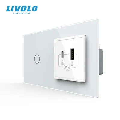 Intrerupator simplu + priza USB tip A si tip C, generatia noua, cu rama sticla Alb