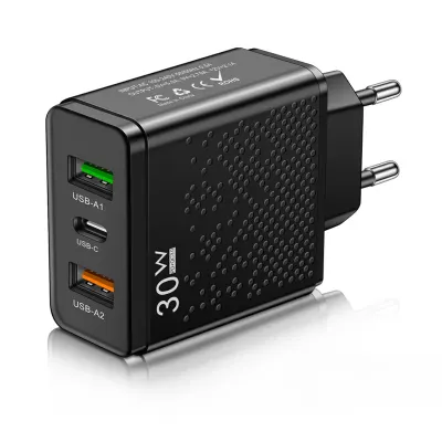 Incarcator Telefon 30W LED Timebox, 2 USB si PD Type-C, Negru - Default Title