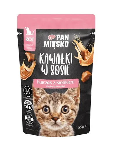 PAN MIĘSKO Bucățele în sos cu pui și iepure, hrană umedă pentru pisoi 85 g