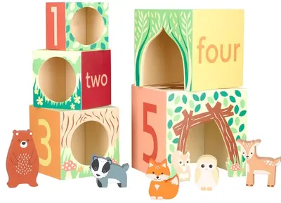 Cuburi din lemn Orange Tree Toys - Animale din pădure