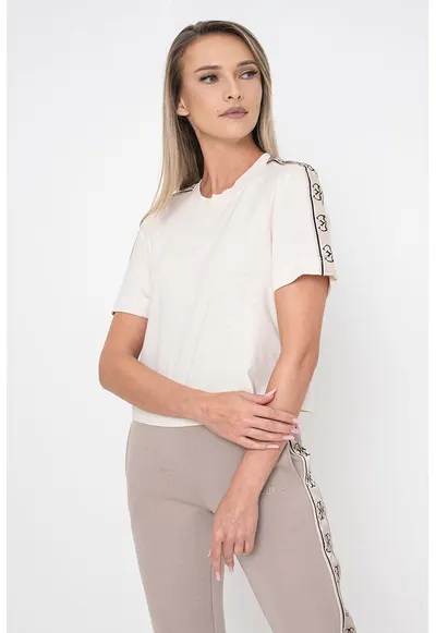 Tricou crop de bumbac cu segmente laterale cu logo - Bej