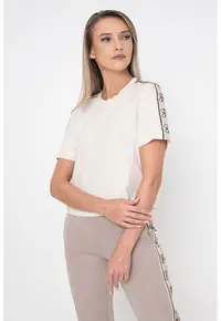 Tricou crop de bumbac cu segmente laterale cu logo - Bej