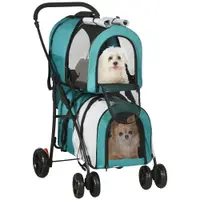 PawHut Cochecito Dublu pentru Câini Pisici Pliabil cu 2 Transportoare Extraibile cu Centură și Perne 66x50x98 cm Verde și Gri | Aosom Romania