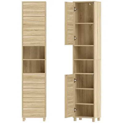 HOMCOM Dulap înalt pentru baie cu rafturi reglabile, uși cu lamele, deschidere prin apăsare, 34x23x170 cm, Natural | Aosom Romania