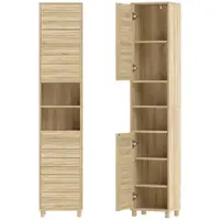 HOMCOM Dulap înalt pentru baie cu rafturi reglabile, uși cu lamele, deschidere prin apăsare, 34x23x170 cm, Natural | Aosom Romania