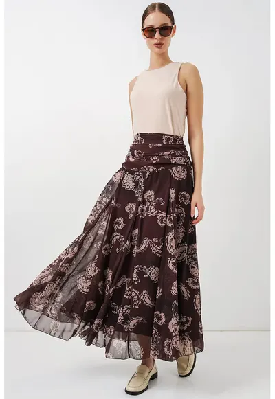 Fusta maxi talie inalta - imprimeu Paisley - maro - poliester