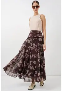 Fusta maxi talie inalta - imprimeu Paisley - maro - poliester
