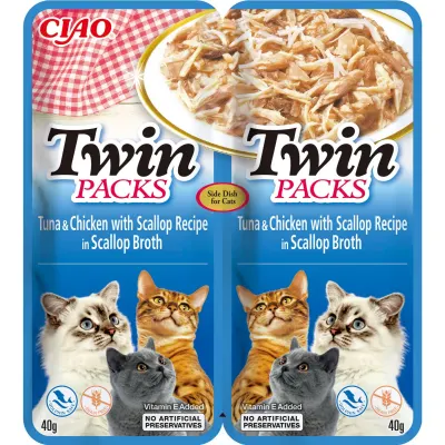 INABA Ciao Twin Packs, Ton, Pui și Scoici, plic hrană umedă fără cereale pisici, (topping), 80g