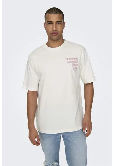 Tricou relaxed fit cu imprimeu text - Alb murdar/Roz prafuit
