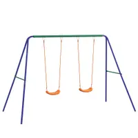Outsunny Set de leagan pentru copii, Cadru metalic de leagan pentru exterior cu scaune duble de leagan, tarusi de sol