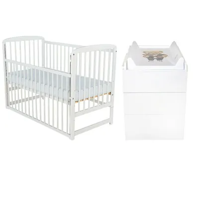 Set mobilier pentru copii, BabyNeeds: Patut din lemn de pin, cu laterala culisanta si somiera reglabila in 3 trepte, Ola, 120x60 cm + Saltea cocos-burete-cocos, 8 cm + Comoda cu masuta de infasat, Alb