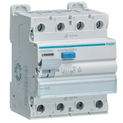 Intrerupator diferential RCCB 4 poli 10kA 80A 30mA tip A Hager CDA680D