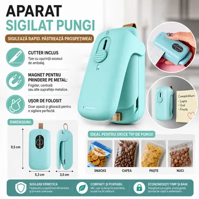 Mini Aparat de Sigilat Pungi, Cutter inclus, Cu baterii, Bleu