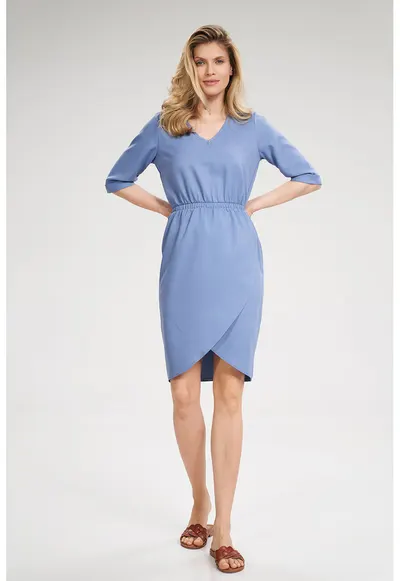 Rochie albastra M702 - maneci scurte - decolteu in V - poliester 100%