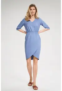 Rochie albastra M702 - maneci scurte - decolteu in V - poliester 100%