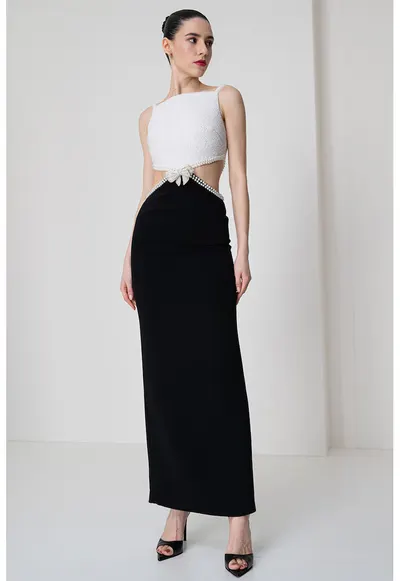 Rochie lunga cu decupaj - Alb/Negru