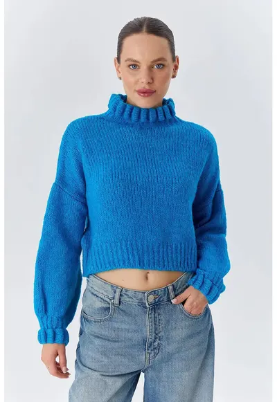 Pulover scurt - Tricot - Guler inalt - Albastru