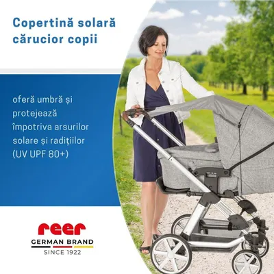 Copertina solara pentru carucior, protectie UV UPF 80+, parasolar universal reglabil, protectie vant si ploaie usoara, prindere elastica universala, montare rapida, Reer ShineSafe gri melange