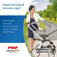 Copertina solara pentru carucior, protectie UV UPF 80+, parasolar universal reglabil, protectie vant si ploaie usoara, prindere elastica universala, montare rapida, Reer ShineSafe gri melange