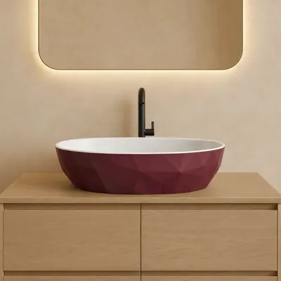 Lavoar pe blat din compozit, burgundy cu interior alb, oval, forme 3D, Foglia Armonia Slim
