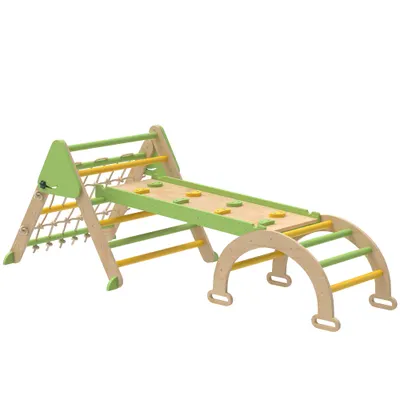 AIYAPLAY Set de Joacă pentru Copii 5 în 1 cu Triunghi, Perete Neted și Arc, din Lemn de Plop și Pin, 191.5x74.5x63 cm | Aosom Romania
