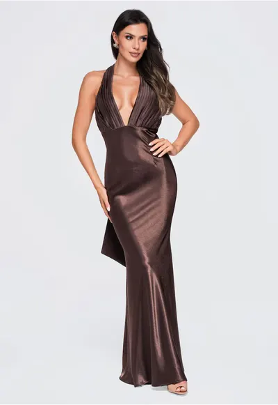 Rochie maxi eleganta cu decolteu adanc si spate decupat LA-OM-DLR428 - Maro