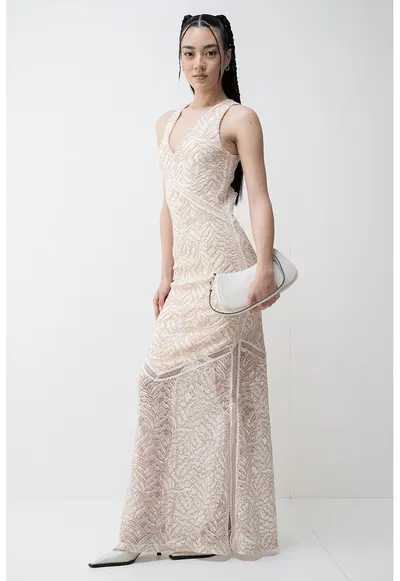 Rochie maxi cu decupaj pe partea din spate - Maro deschis/Crem