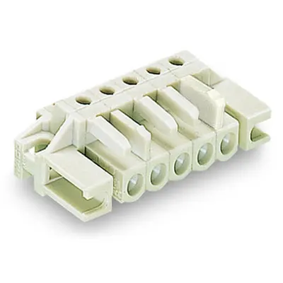 THT female header; 0.6 x 1.0 mm solder pin; angled; 100% protected against mismating; Spacer flange; Pin spacing 5 mm; 4-pole; light gray