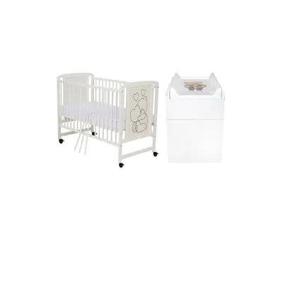 Set mobilier pentru copii, Qmini: Patut din lemn de pin si MDF cu roti, cu somiera reglabila in 3 trepte, Timmi Heart, 120x60 cm + Saltea cocos-burete-cocos, 12 cm + Comoda cu masuta de infasat, Alb