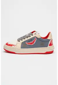 Pantofi sport din piele cu model si aspect uzat - Albastru prafuit/Rosu vermillion/Bej deschis