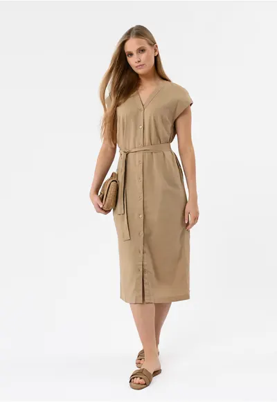 Rochie-camasa lunga din amestec de in si viscoza - cu nasturi - cu guler - maneci scurte - curea in talie - G-Sunray - camel - Maro camel deschis