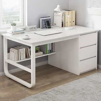 Birou minimalist alb cu rafturi - 160x60x73 cm, ideal pentru spații mici, lucru și studiu