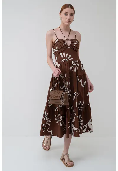 Rochie lunga cu model stratificat - Maro/Alb murdar