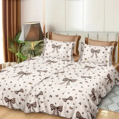 Lenjerie de Pat, 7 Piese, Bumbac Satinat Superior, cu 2 Pilote, Crem, fundite si inimioare