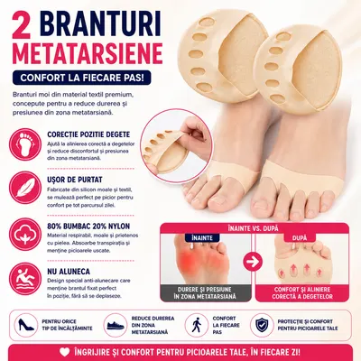 Set 2 branturi metatarsiene pentru incaltaminte, spuma, bumbac, Moi si Confortabile, Marime ajustabila, 8.5 x 8.5 cm, Bej